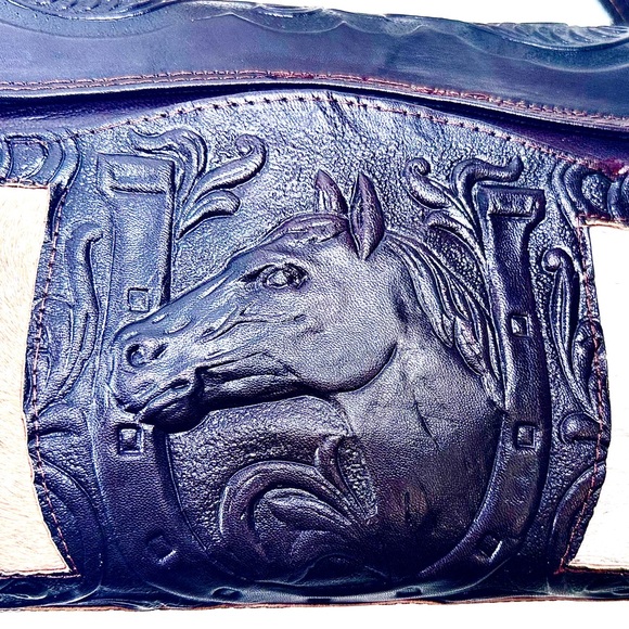 SHOULDER BAG LUCKY HORSE Embossed Crossbody Western Style Vintage Tooled Leather - Picture 2 of 8